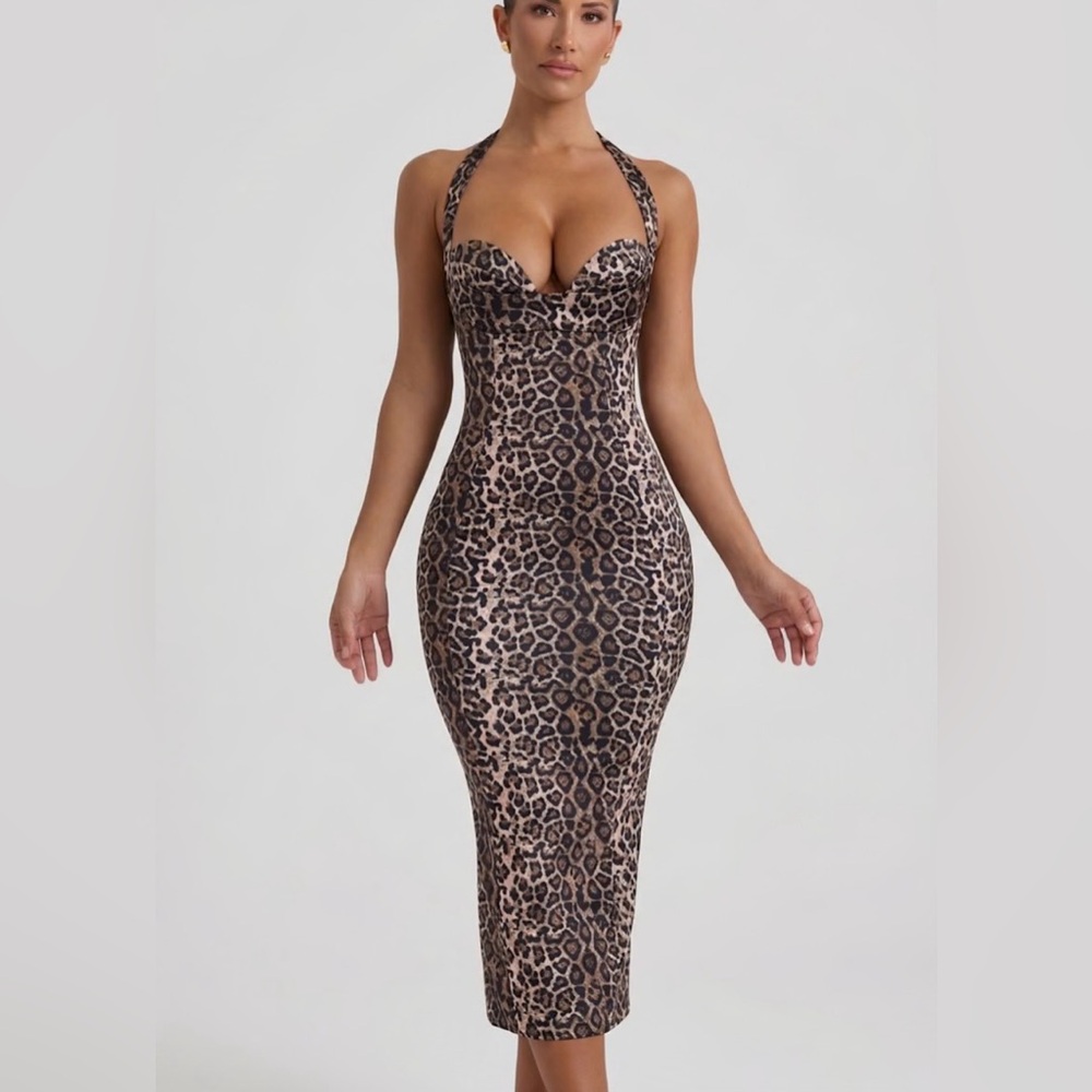 Oh Polly - Ismay Layered Halterneck Bodycon Midi Dress in Leopard Print